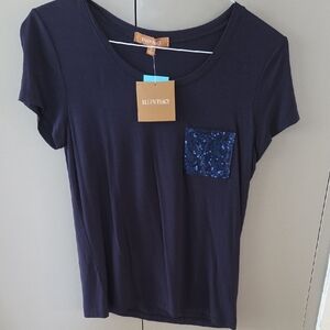 Ellen Tracy Blue Fitted Sequin Short Sleeve Tee